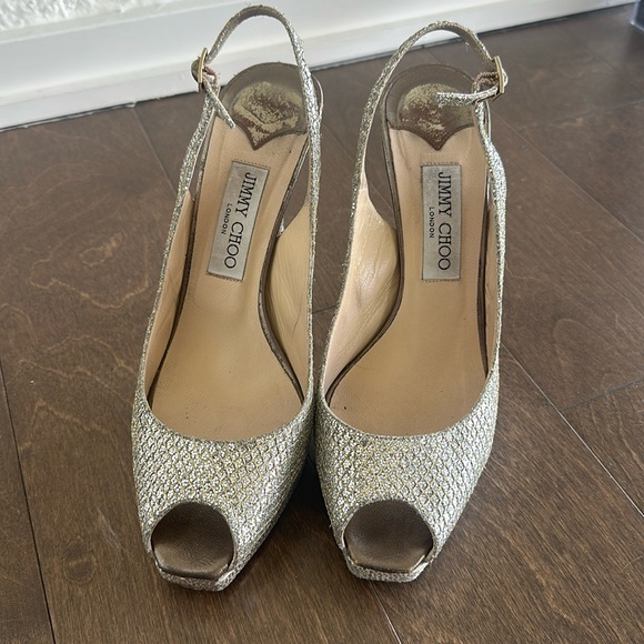 Jimmy Choo Shoes - JIMMY CHOO Nova Slingback Heel Peep Toe Platinum Silver Glitter Size 39